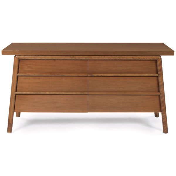 T. H. Robsjohn-Gibbings cabinet Widdicomb angled: T. H. Robsjohn-Gibbings cabinet, by Widdicomb, c.1958, bleached walnut and maple case with slanted sides, six drawers with rounded drawer pulls under an overhanging top, signed with cloth label in dra