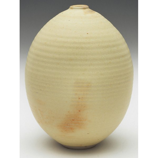 Otto Heino vase,: Otto Heino vase, bulbous and ribbed shape under a cream, signed, 4"w x 5.5"h