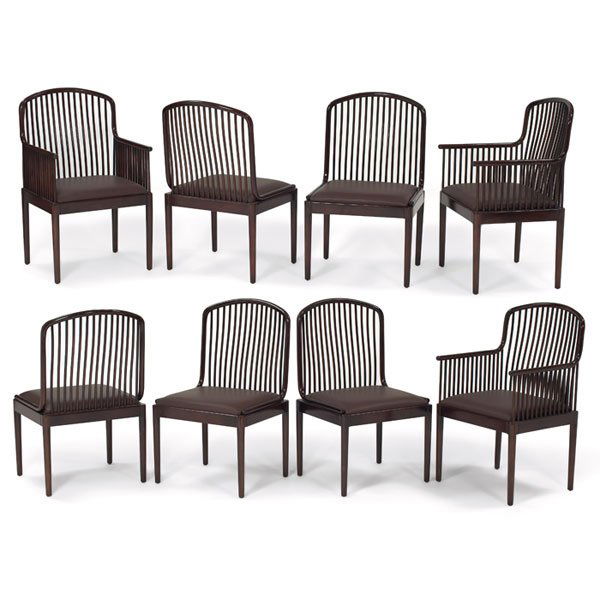 Davis Allen "Exeter", chairs, 8, Knoll signed: Davis Allen "Exeter", chairs, set of 8, by Knoll, beech wood frames with dark stain and replaced Spinneybeck leather seats, three armchairs and five side chairs, original finish, 22"w x 22"d x 37"h, v
