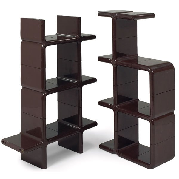 1970s Modern storage unit: 1970s Modern storage unit, two pieces, brown molded plastic units designed to be configured as desired, at left: 32"w x 12"d x 48"h, at right: 25"w x 12"d x 49.75"h, very good condition