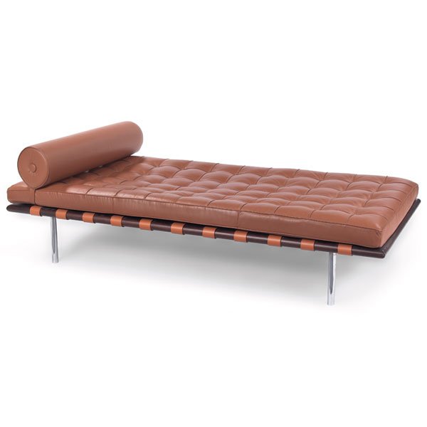 Style of Mies van der Rohe Barcelona daybed: Style of Mies van der Rohe Barcelona daybed, maker unknown, original tan leather tufted cushion on a wood frame with leather support straps, unsigned, 38"w x 77"d x 16.5"h, excellent condition
