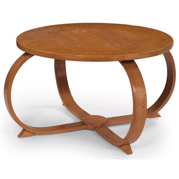 Thonet coffee table, bentwood legs, attribution: Thonet coffee table, attribution, 1930s, exaggerated bentwood frame supports a round top, original finish, unsigned, 30"dia x 18.5"h, good original condition