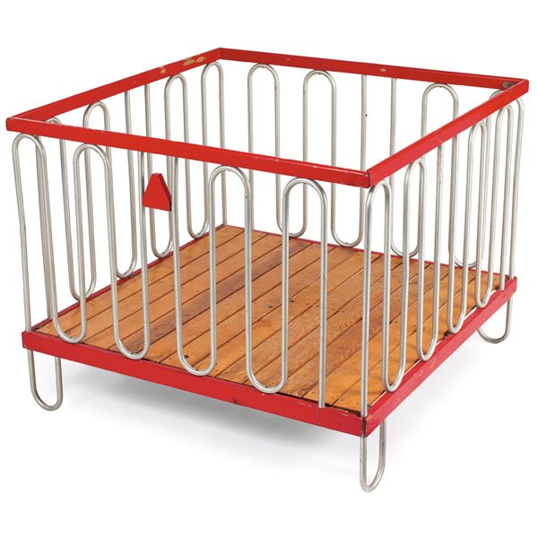 Gilbert Rohde Play pen: Gilbert Rohde Play pen, by Trimble Furniture Co., 1930s, tubular aluminum and painted wood frame with natural wood slats, folds for storage, 40.5"w x 40.5"d x 33"h, very good condition