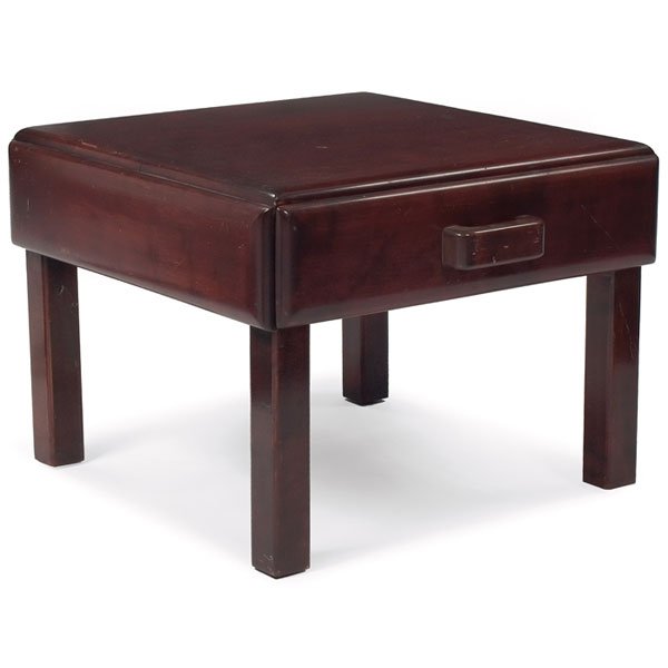 Russel Wright "American Modern" table Conant Ball: Russel Wright "American Modern" occasional table, by Conant Ball, square form with one drawer, signed with burned mark, refinished, 22"w x 22"d x 16.5"h, very good condition