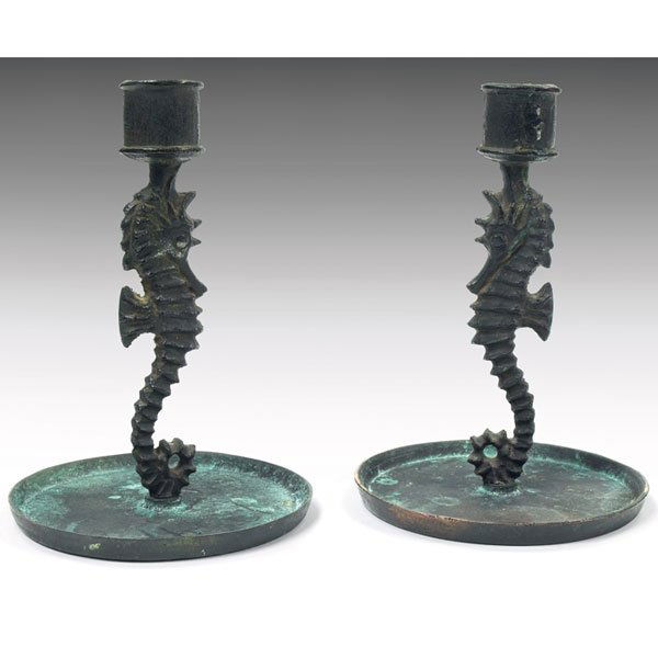 E.T. Hurley candlesticks,: E.T. Hurley candlesticks, pair, sea horse forms in copper, signed and dated 1905, 5"dia x 7"h