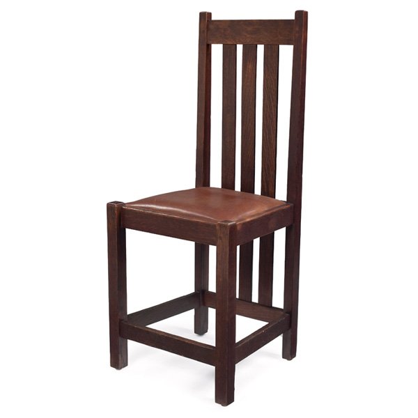 Stickley Brothers side chair: Stickley Brothers side chair, Prairie School influence, tall-back form with three floor-length vertical slats and recovered seat, good original finish, signed with decal, 17.5"w x 17"d x 42.5"h, very 