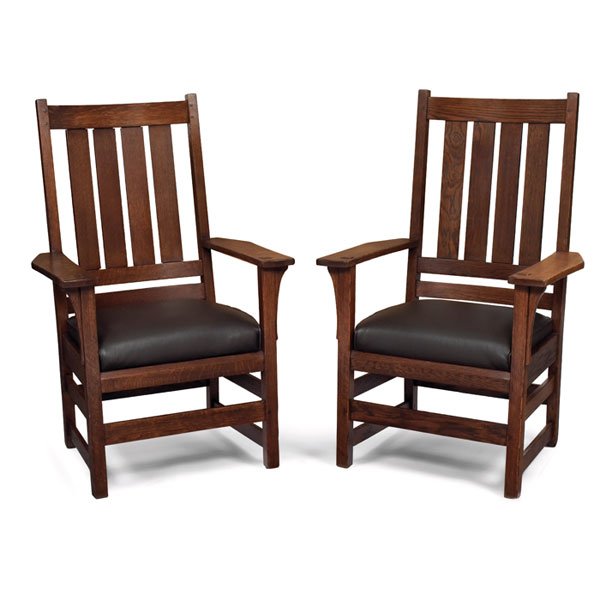 L and JG Stickley armchairs, pair, #836,: L and JG Stickley armchairs, pair, #836, high-back form with four verticalslats over a recovered leather seat, corbel supports at sides, refinished,unsigned, 28"w x 23"d x 44"h, very good condition
