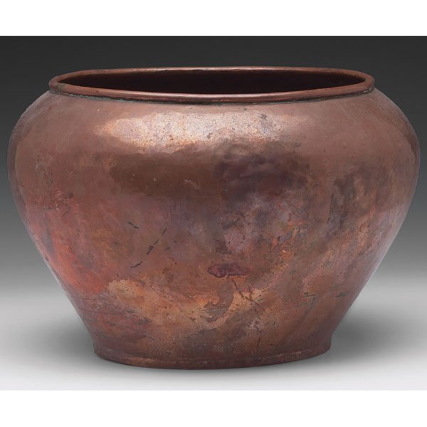 Stickley Brothers: Stickley Brothers jardiniere, attribution,hammered copper, worn original patina,unmarked, 10.5"w x 7"h