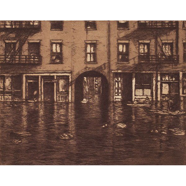 E.T. Hurley: E.T. Hurley etching, "1912 Flood"1917 in plate, signed in pencil only anddated 1920, aquatint, brown ink, 10" x12.5", dramatic and fine image, excellentcondition