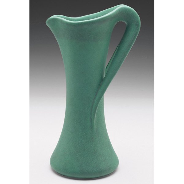 Teco: Teco handled vessel, shape #294,designed by W.D. Gates, unusualshape, under a good green matte glaze,impressed marks, 5"w x 9"h
