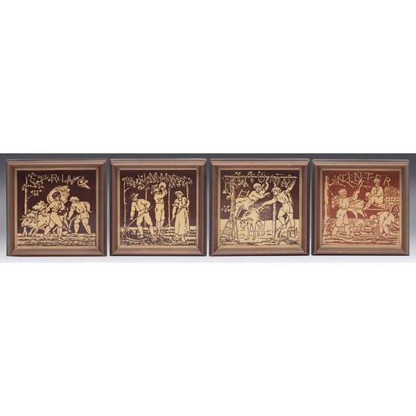 Minton, Hollins & Co.: Minton, Hollins & Co. tiles, four, Spring, Summer, Autumn and Winterscenes, all marked, all framed, each tile: 6"sq, each overall: 7.25"sq
