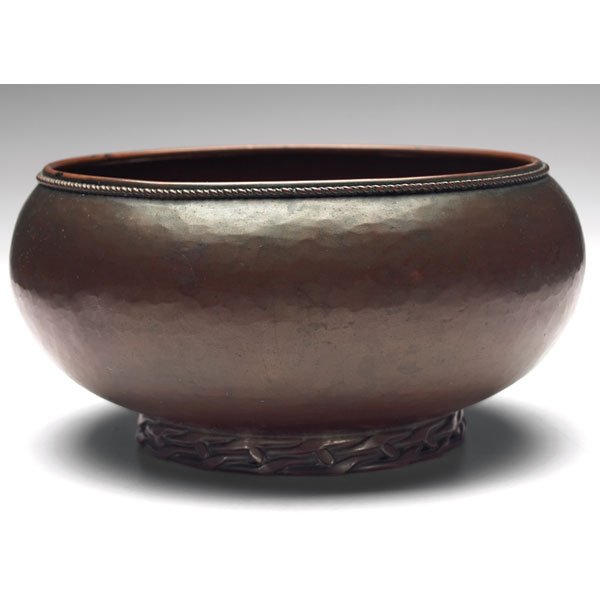 Dryad Lester: Dryad Lester bowl, hammered copper withtooled rim and foot, worn original patina,marked, #247, 7.5"w x 3.5"h