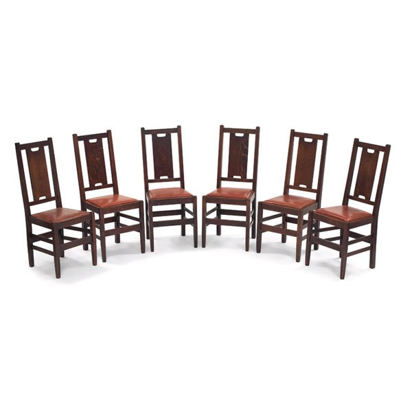 Gustav Stickley side chairs: Gustav Stickley side chairs, assembled set of six, #308, "H" back form over a recovered leather seat, original finish, two signed with red decal, four with branded signature, re-pegged, 16.5"w x 18"d 
