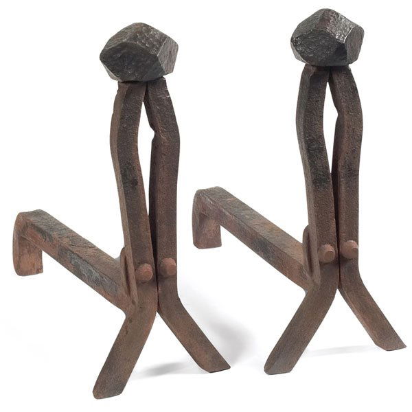 Arts and Crafts andirons: Arts and Crafts andirons, split post with a faceted cap in hammered iron, 7.5"w x 19"d x 17.5"h, very good condition