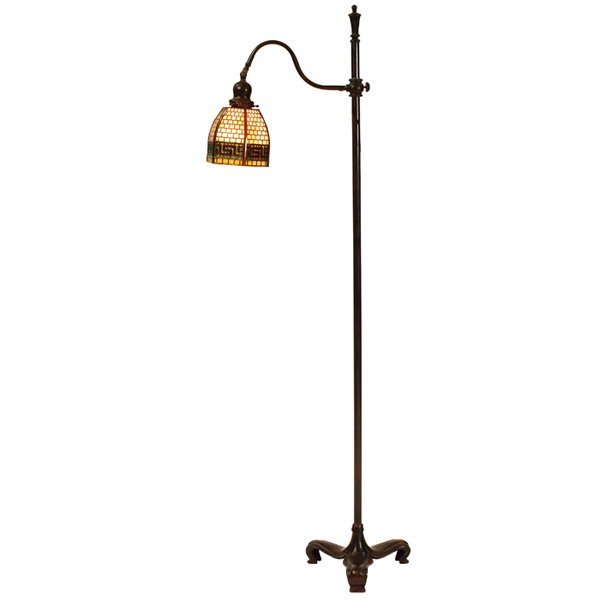 Handel: Handel bridge floor lamp, six-sided leaded glass shade with Greek key design on an adjustable bronzed metal base, base signed, 17"w x 61"h, shade: 7"w