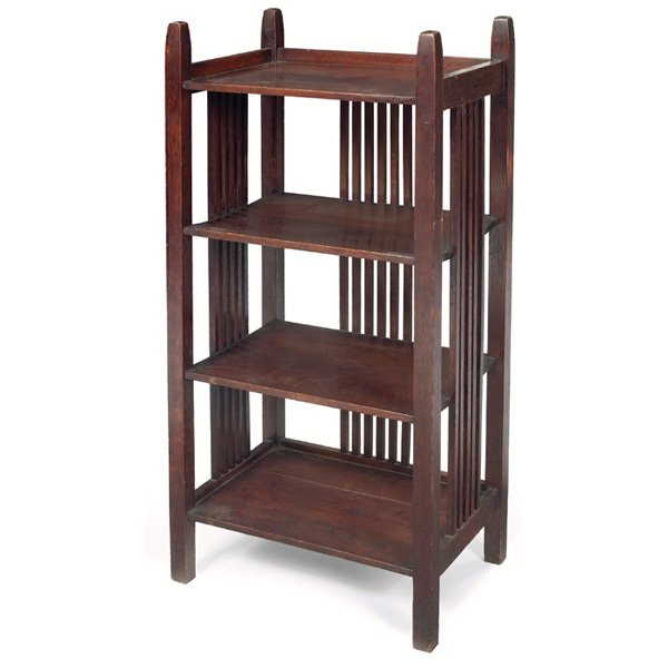 Gustav Stickley: Gustav Stickley magazine stand, similar to #674, spindle form with four shelves supported by tapered posts, re-coated finish, unsigned, some roughness to feet, 19.5"w x 14"d x 38"h, good condition