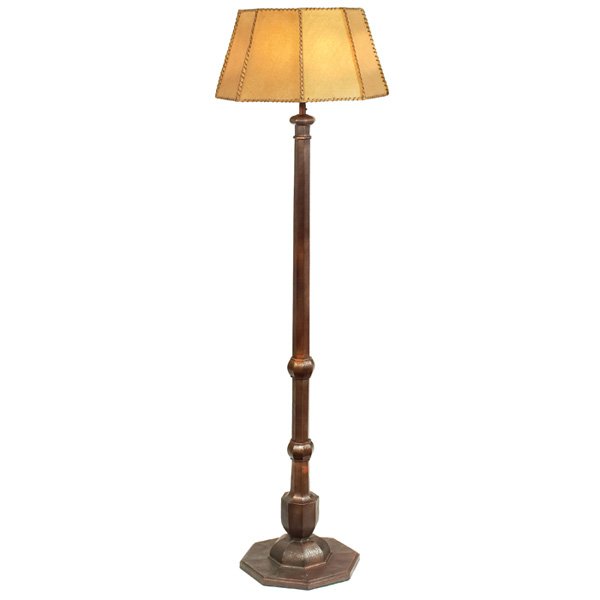 Stickley Brothers: Stickley Brothers floor lamp, attribution, hammered copper base with an eight-sided stitched shade, 18"w x 18"d x 68"h, very good condition
