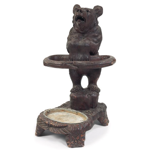 Black Forest: Black Forest umbrella stand, c.1890, rustic carved walnut bear with original drip pan, original finish, 20"w x 29"h, very good condition