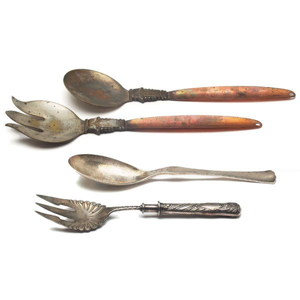 Coppercraft Guild, Gorham, Rogers Brothers, Japane: Coppercraft Guild serving set, fork and spoon, copper, original patina; with a Gorham spoon, hammered sterling, 2"w x 10.25"l; with a Rogers Brothers fork, sterling silver with repousse designs, c. 18
