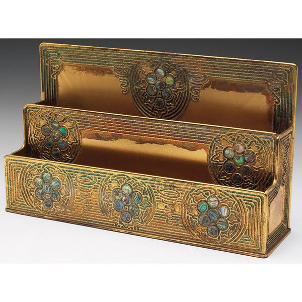 Tiffany Studios: Tiffany Studios letter rack, bronze in the Abalone pattern, original gold dore patina, signed Tiffany Studios, New York, #1151, 9.5"w x 5.5"h