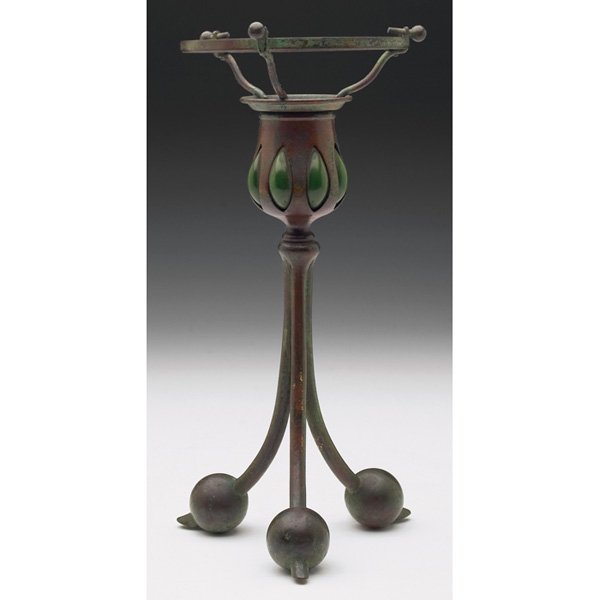 Tiffany Studios: Tiffany Studios candlestick lamp base, bronze with an original patina and blown green glass at top, removable bobeche with shade fitter, signed Tiffany Studios, 4.5"w x 9.5"h