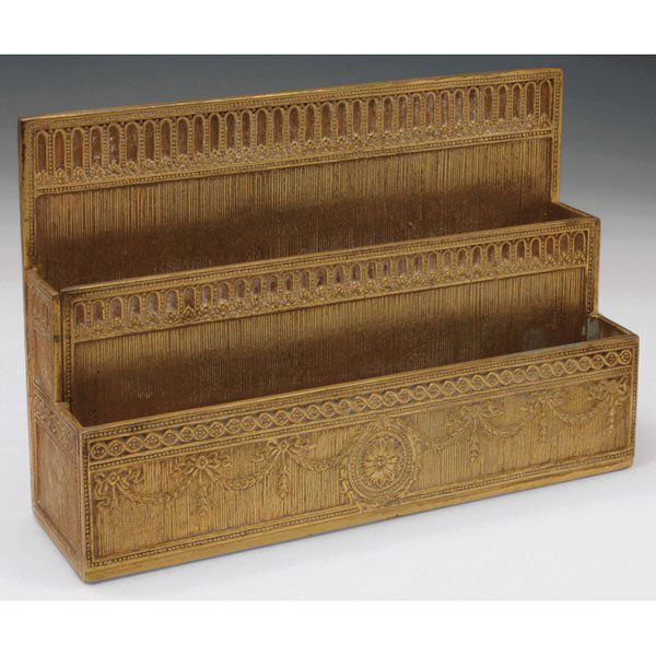 Tiffany Studios: Tiffany Studios letter rack, bronze in the Adam pattern, original gold dore patina, signed Tiffany Studios, New York, #1779, 9.25"w x 6"h