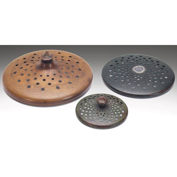 Tiffany Studios: Tiffany Studios lamp heat caps, three, bronze, various styles, all with original patinas, largest is: 5"dia