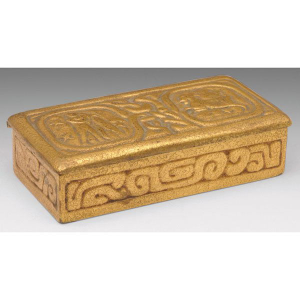 Tiffany Studios: Tiffany Studios stamp box, bronze in the Zodiac pattern, original gold dore patina, signed Tiffany Studios, New York, #802, 3.75"w x 1"h