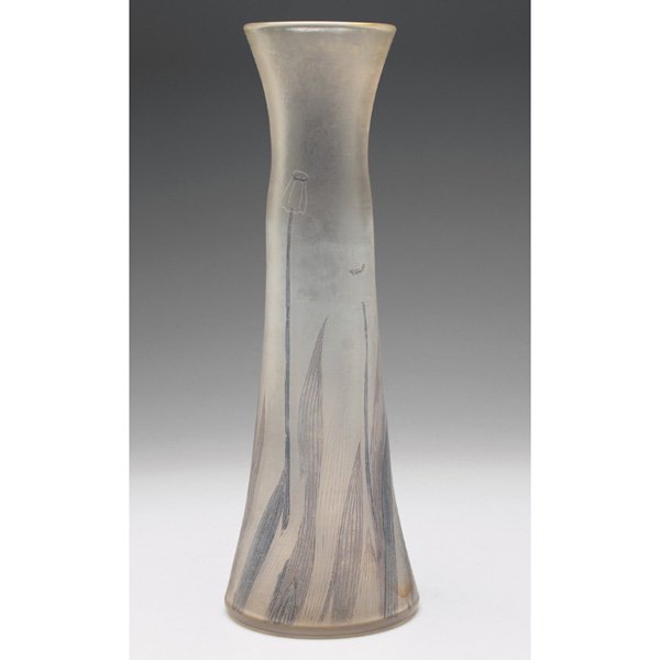 Loetz: Loetz vase, attribution, frosted glass with incised and colored poppy pods, unmarked, 4.5"w x 13"h