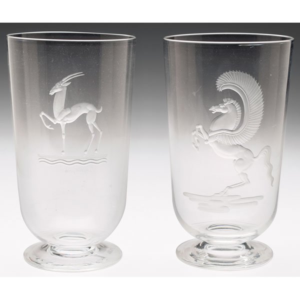 Steuben, Sidney Waugh: Steuben vase, clear glass with an etched antelope design, signed Sidney Waugh, 4"w x 7.25"h; with a Steuben vase, clear glass with an etched Pegasus design, signed, 4"w x 7.25"h