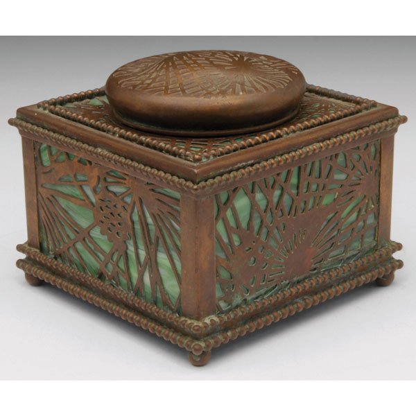 Tiffany Studios: Tiffany Studios inkwell, bronze in the Pine Needle pattern with a beaded edge over green and white glass, cleaned original patina, signed Tiffany Studios, New York, #7, 3.5"w x 3"h
