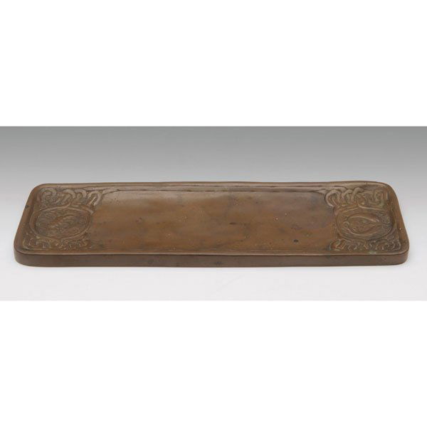 Tiffany Studios: Tiffany Studios pen tray, bronze in the Zodiac pattern, original patina, signed Tiffany Studios, New York, #1000, 3.25"w x 10"l