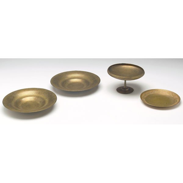 Tiffany Studios: Tiffany Studios plates, pair, concave form in bronze, signed Tiffany Studios, New York, #1708, c. 1920, 9"dia; with a Tiffany Studios compote, pedestal form in bronze with decorated rim, 4"h x 6"dia; 