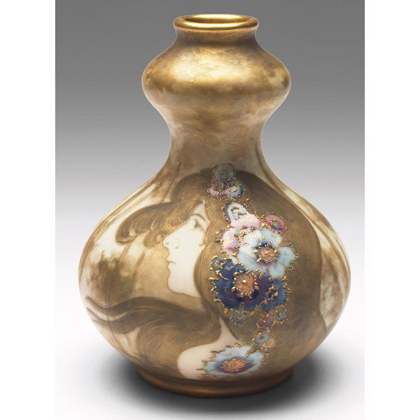 Amphora, Nikolaus Kannhauser: Amphora vase, c. 1898, designed by Nikolaus Kannhauser, double gourd form with a painted portrait of a maiden, marked, 4.5"w x 6"h
