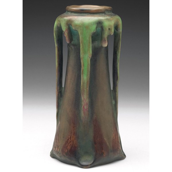 Amphora Edda: Amphora Edda vase, organic shape with four dripping handles at top, covered in a multicolored matte glaze, marked, #3621, 3.25"w x 6.75"h
