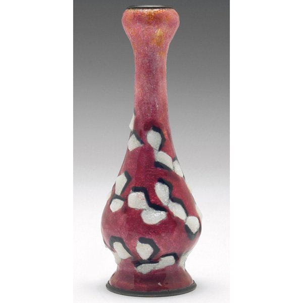 Camille Faure: Camille Faure vase, enamel on copper with white and blue geometric forms on a red ground, signed "C. Faure, Limoges," 5.5"h