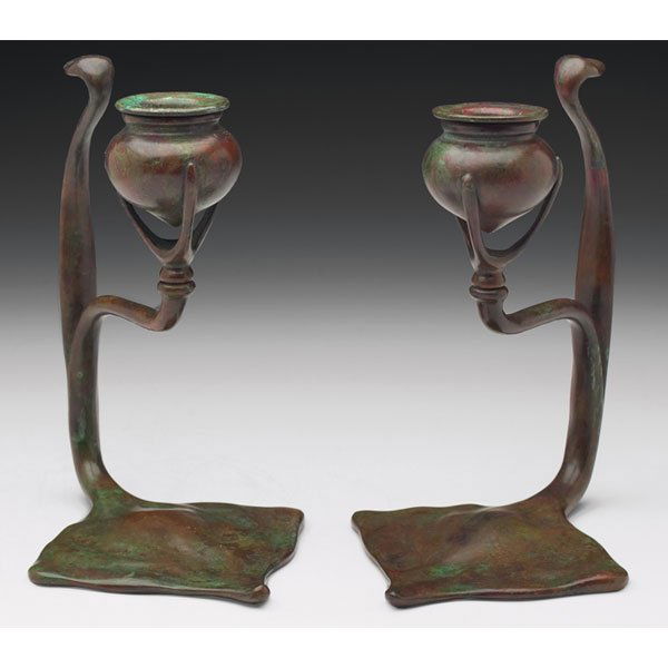 Tiffany Studios: Tiffany Studios candlesticks, pair, bronze with a good original patina, both signed Tiffany Studios, New York, #1203, 6"w x 7.5"h