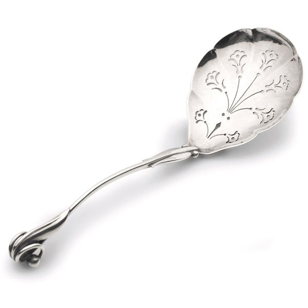 Georg Jensen: Georg Jensen straining spoon, sterling silver with cut-out floral design and looped leaf and berry handle, marked, 2"w x 6.5"l
