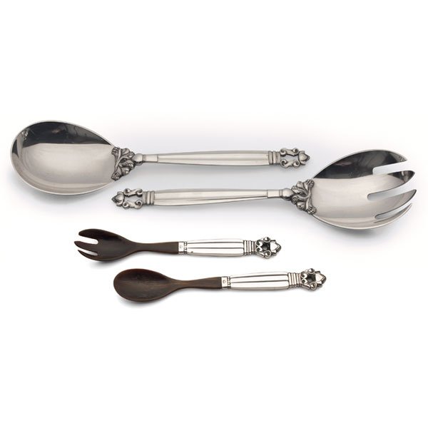Georg Jensen: Georg Jensen salad fork and spoon, sterling silver, both 2.5"w x 9"l; with Georg Jensen fork and spoon, sterling silver and bone, both 1.25"w x 7"l, minor break to one tong of fork