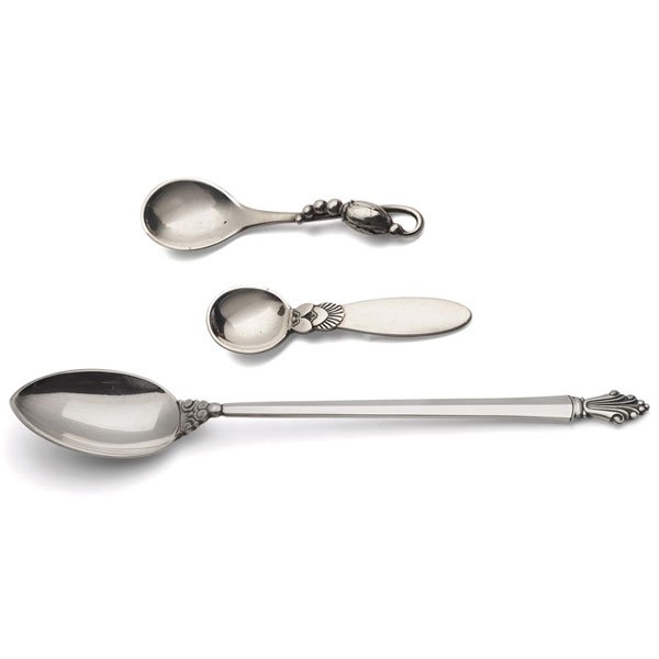 Georg Jensen: Georg Jensen iced tea spoon and two salt spoons, all in sterling silver, largest is: 1.25"w x 7.25"l