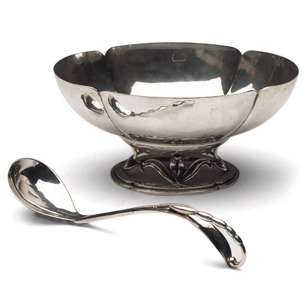 Cartier: Cartier bowl, scalloped shape in hand wrought sterling silver, #817; with a Cartier ladle, hammered sterling silver, #518, both with impressed marks