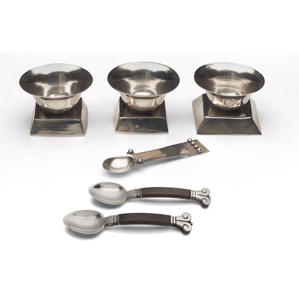 Spratling, Taxco: Spratling open salts, three and one spoon, geometric forms, all 1.5"w x 1"h; with Taxco spoons, two, wooden handles, both 4"l, all in sterling silver, all marked