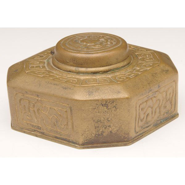Tiffany Studios: Tiffany Studios inkwell, bronze in the Zodiac pattern, original patina, signed Tiffany Studios, New York, #842, 4"w x 2.25"h