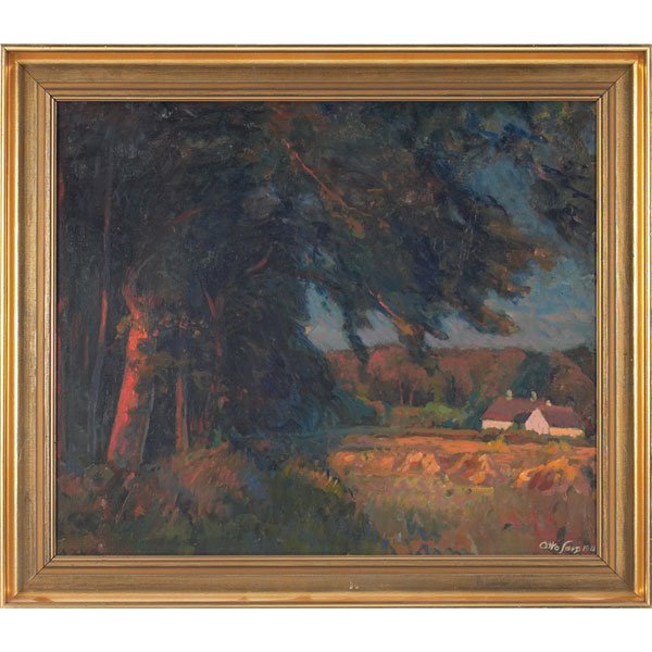 Otto Sarp: Otto Sarp (American, 1895-1945) "Harvest Landscape," 1918, oil on canvas, 20.5" x 24.25", signed and dated lower right, framed