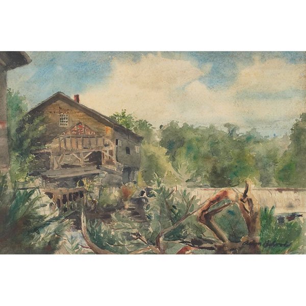 Aaron Bohrod: Aaron Bohrod (American, 1907-1992) "River and Mill," c. 1940, watercolor, 9.25" x 13.75", signed lower right, framed