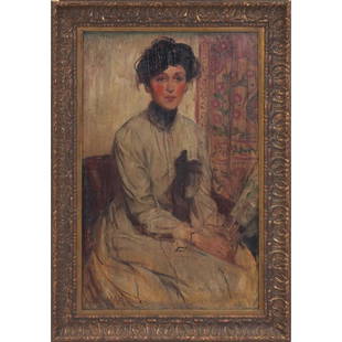 Ethel Mars: Ethel Mars (American, 1876-1956) "Woman with Fan," c. 1920, oil on canvas, 37" x 24", signed lower left, framed