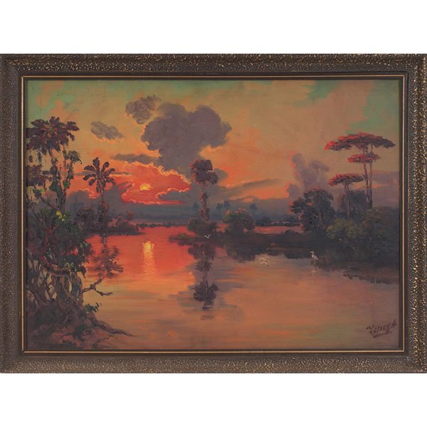 Jose Yepez Arteaga: Jose Yepez Arteaga (South American, b. 1898) "Estuary Sunset," c. 1935, oil on canvas, 19.75" x 27.5", signed lower right, framed