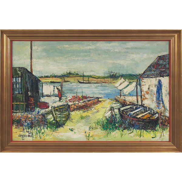 Yolande Ardissone: Yolande Ardissone (French, b. 1927) "Harbor Scene," c. 1955, oil on canvas, 25" x 39", signed lower left, Findlay Galleries label on verso, framed