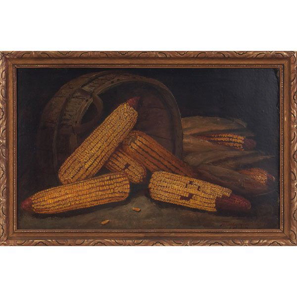Alfred E. A. Montgomery: Alfred E. A. Montgomery (American, 1857-1922) "Still Life with Corn," c. 1900, oil on board, 14.5" x 23.5", signed lower right, framed