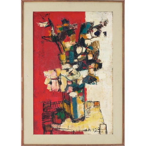 Paul Guiramand: Paul Guiramand (French, 1926-2008) "Flowers in a Vase," c. 1958, oil on canvas, 36" x 23.75", signed lower right, titled on period Park Gallery label on verso, framed